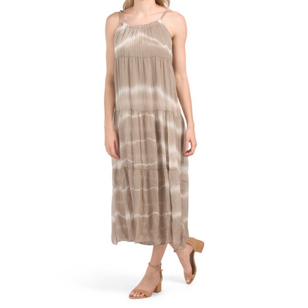 Elena Baldi Italy Silk Blend Tie Dye Tiered Maxi Dress Taupe Brown Large‎ M030L